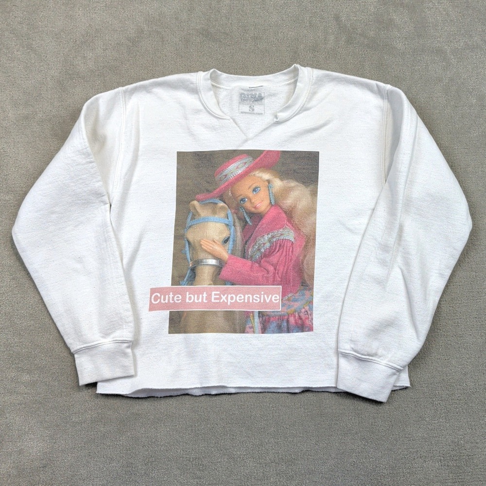 Gina Sweatshirt Womens Small White Barbie Graphic Notched Neck Cropped Fleece